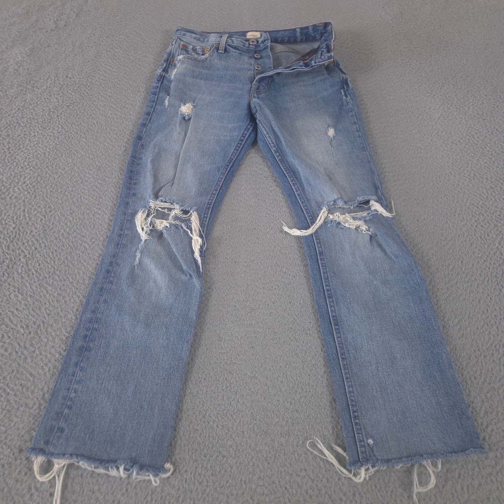 GAP Jeans Womens 24 Blue Straight Leg Distressed Cone Denim Button Fly Raw Hem